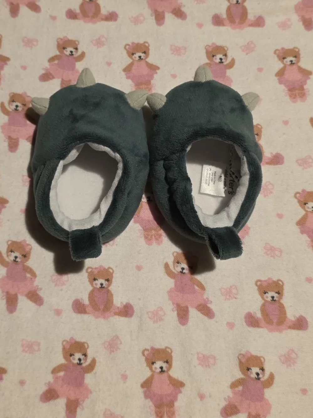 5/$20 Carter's Plush Dino Baby Slippers in Forest Green with Gray Claws
